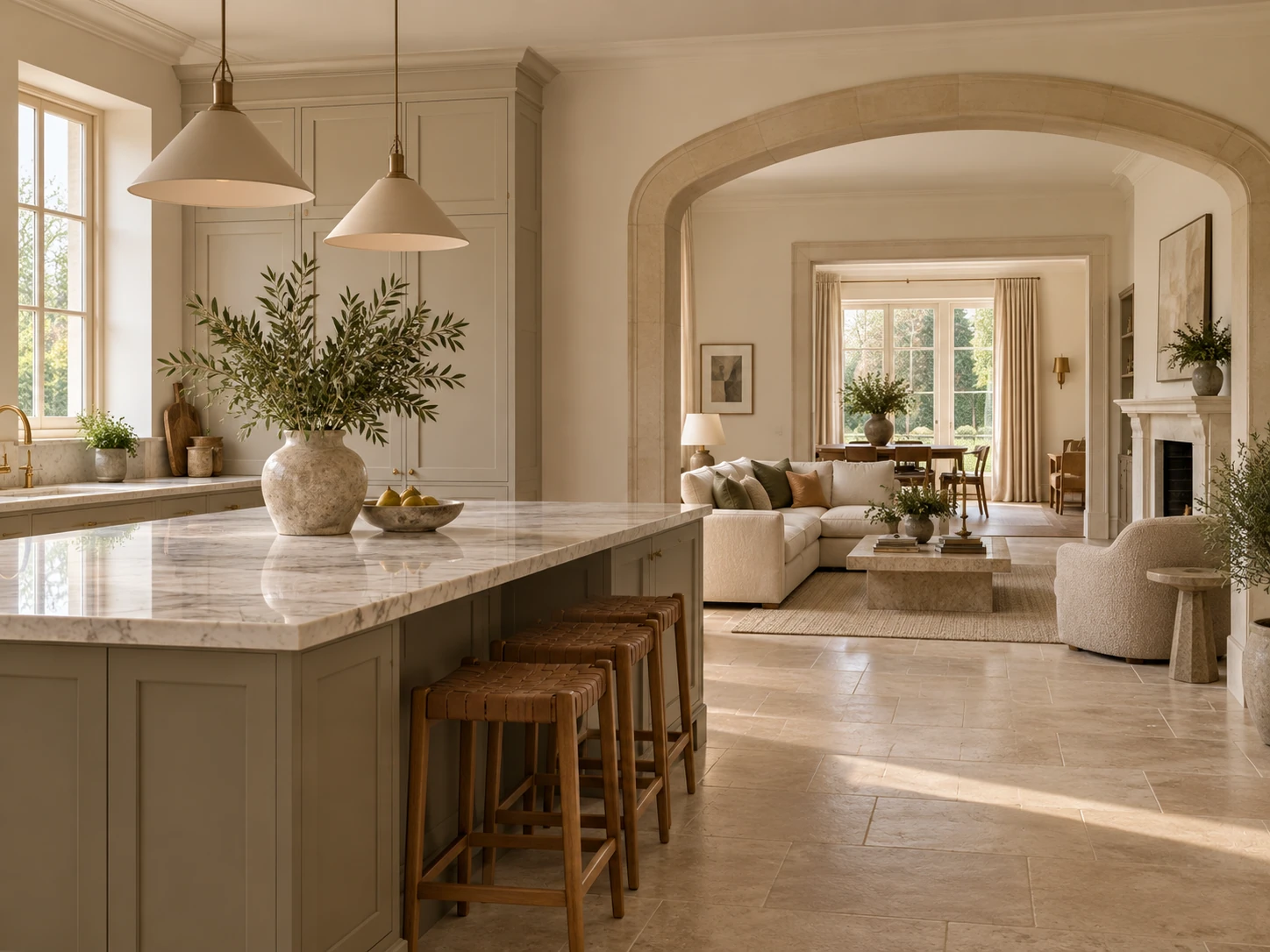 Editorial illustration of connected rooms in a warm, light filled property. Not a Wanderhouse capture.