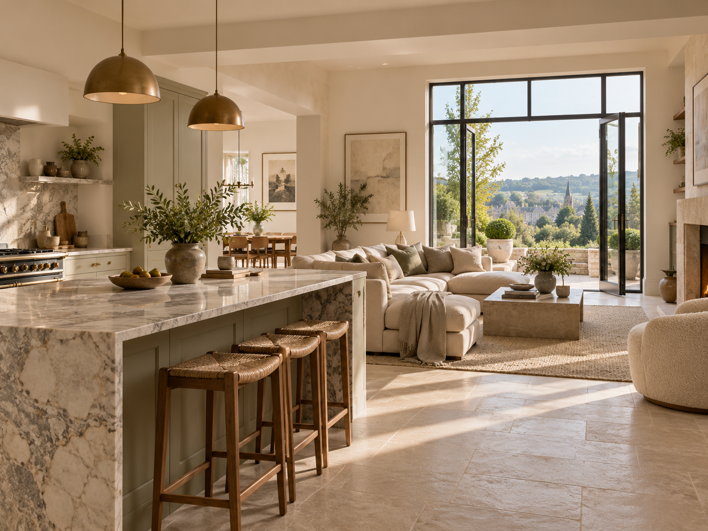 High end kitchen family room in a premium Bath area home with marble details and countryside views