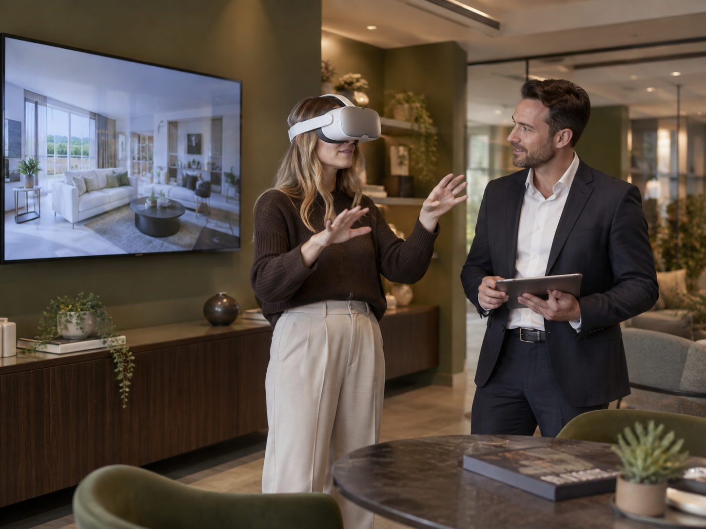 A viewer wearing a VR headset beside an adviser with a tablet and a large property display in an unbranded branch