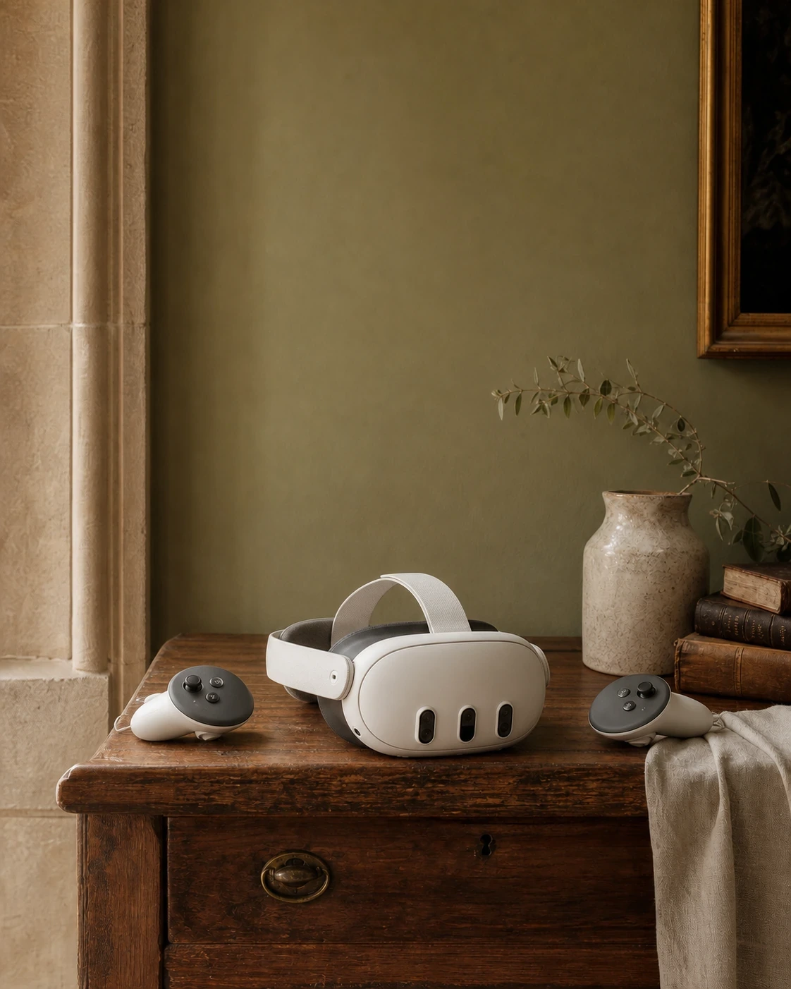 Editorial still of a Meta Quest headset on a console table.