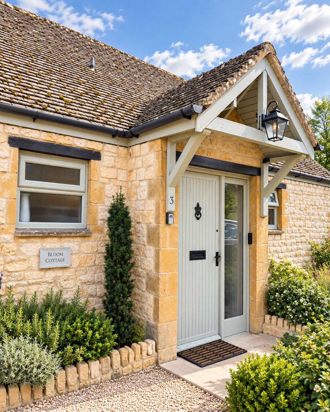 The stone entrance and front door of Bloom Cottage, the property used for the Wanderhouse browser demonstration.