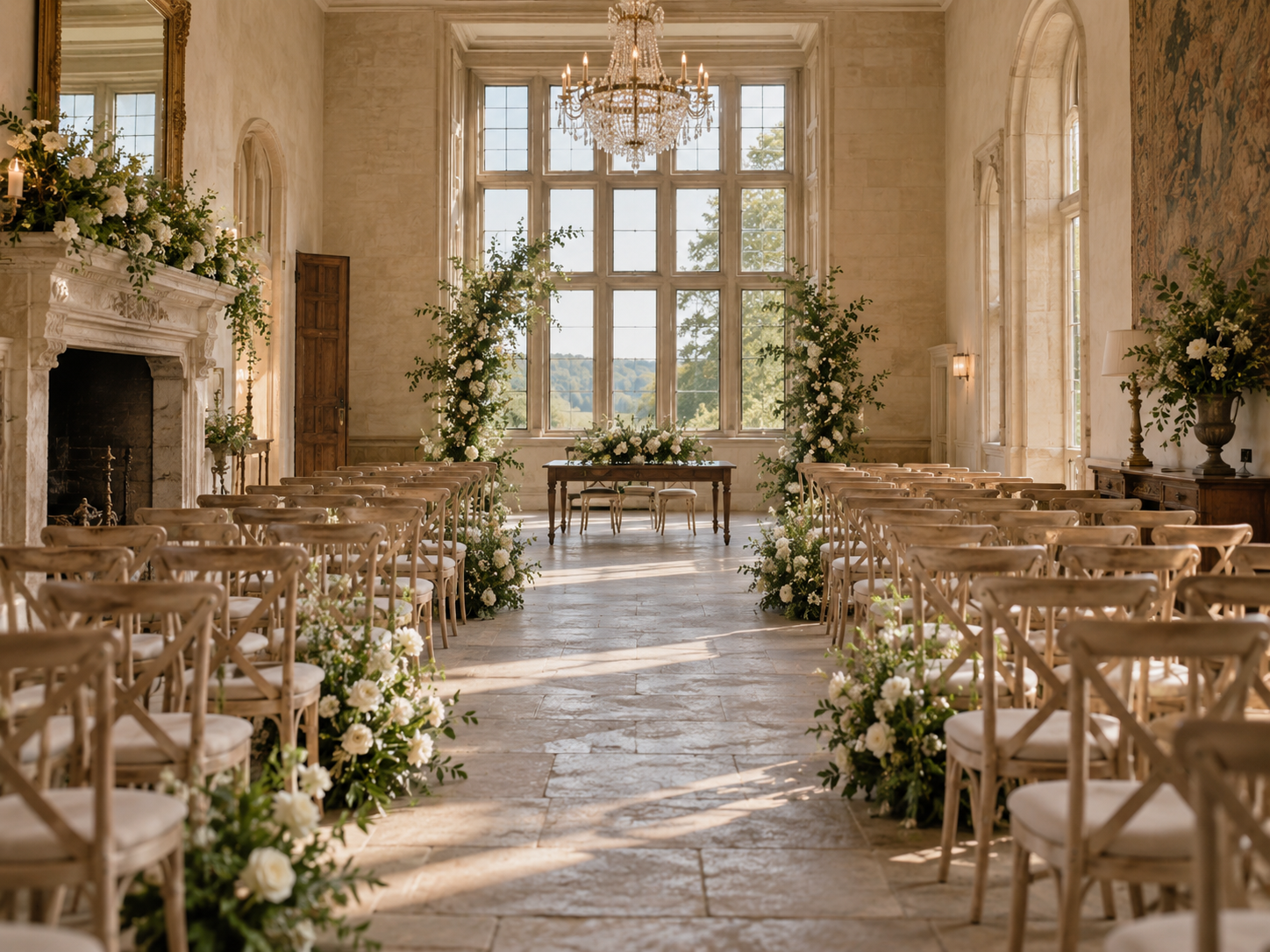 Elegant wedding setup in a grand manor venue, with rows of chairs and ceremony styling that helps event organisers picture the space in use