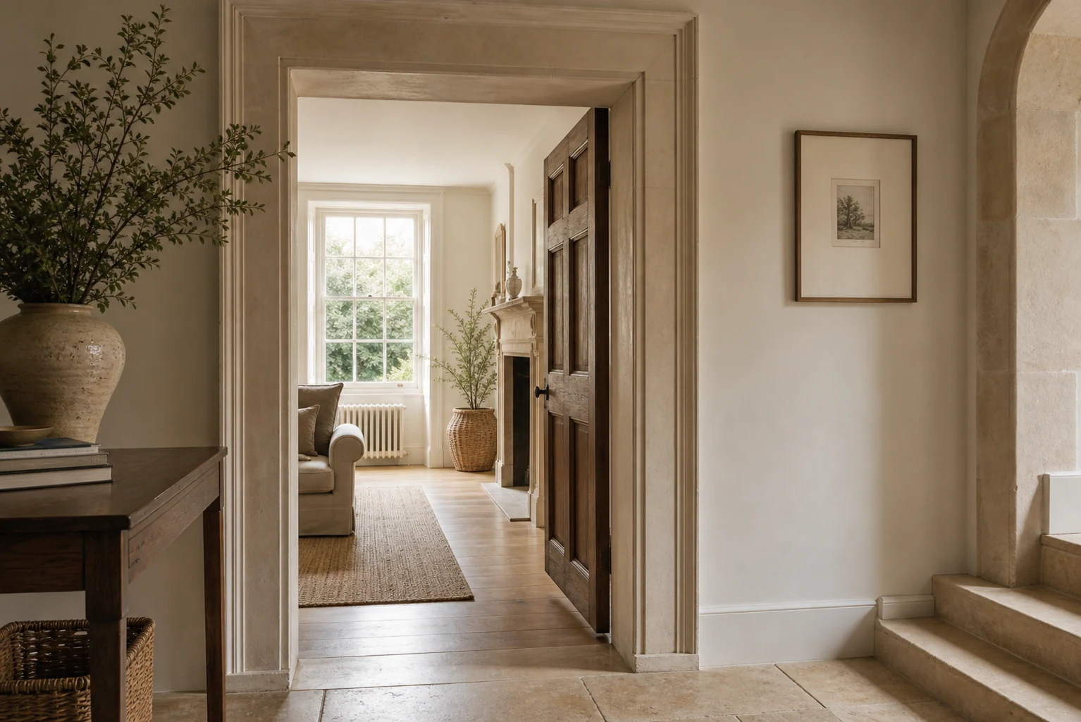 A sunlit view through a stone doorway into connected living spaces.