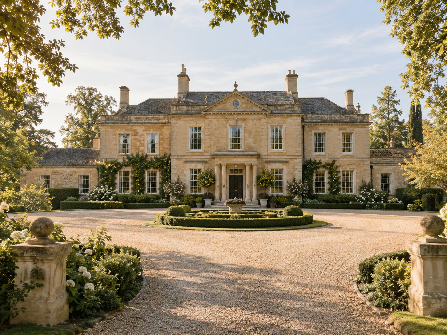 Sunlit countryside manor venue with formal gardens and a gravel drive, giving an immediate sense of destination and setting