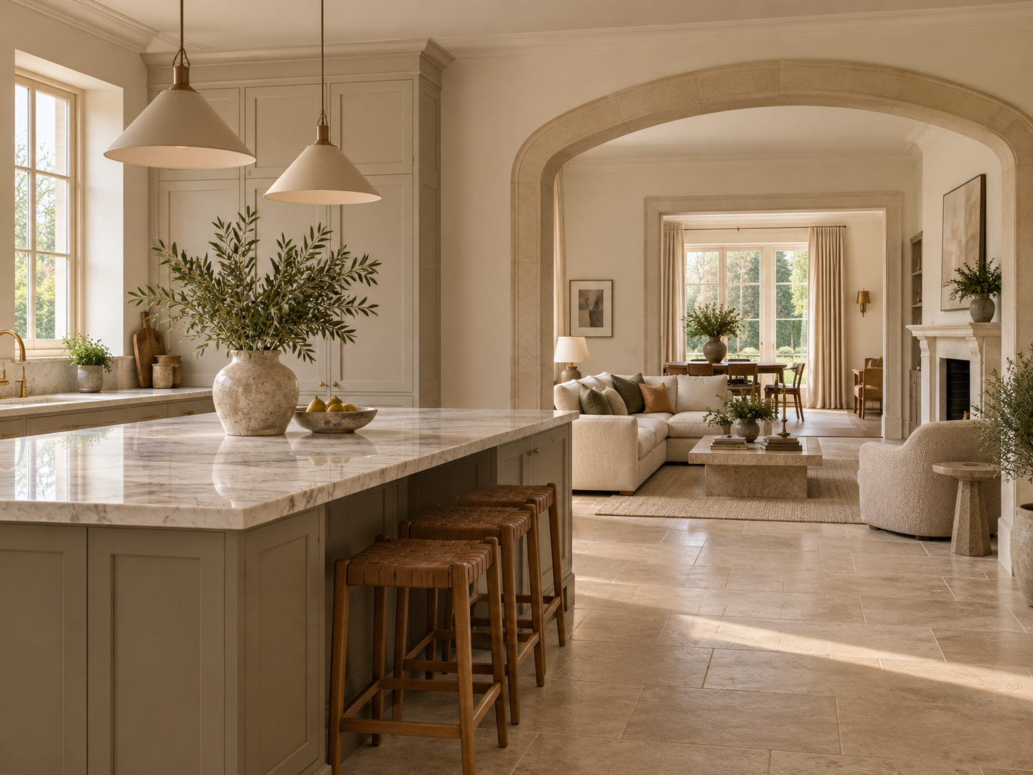 Elegant Bath stone style family home with marble worktops, stone floors and a bright open plan living space