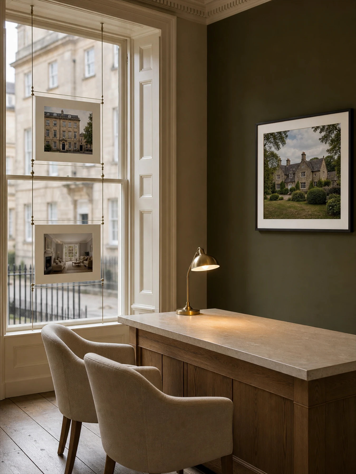 An unbranded estate agency consultation area with property details displayed in the window
