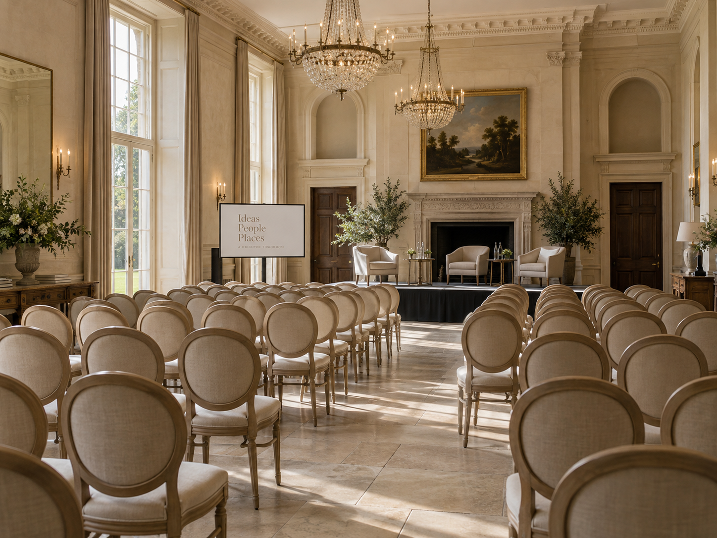 Elegant historic venue set up for a presentation or private event, with rows of chairs and a small stage area for talks, panels or briefings