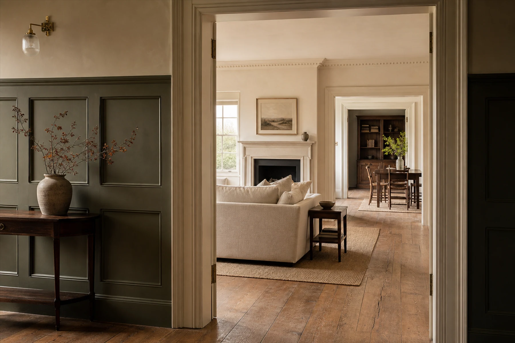 Linked living and dining rooms viewed through a series of open doorways