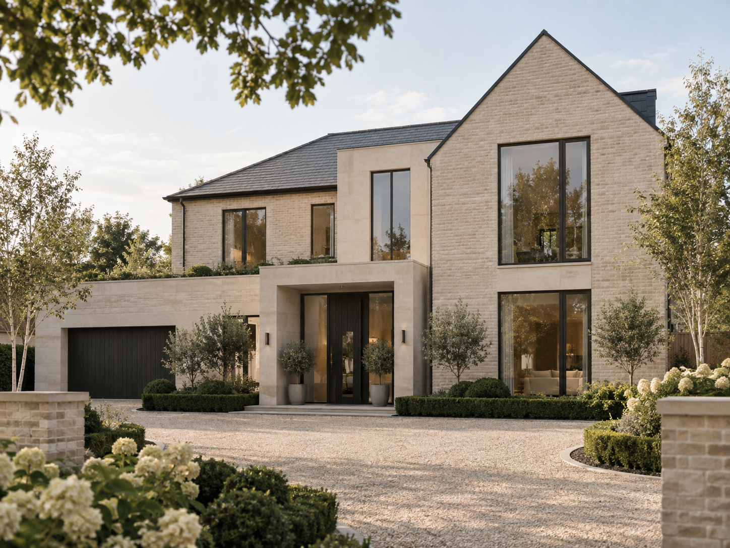 Editorial exterior view of a refined new build show home with landscaped driveway and clean modern architecture. Not a photographed Wanderhouse capture.