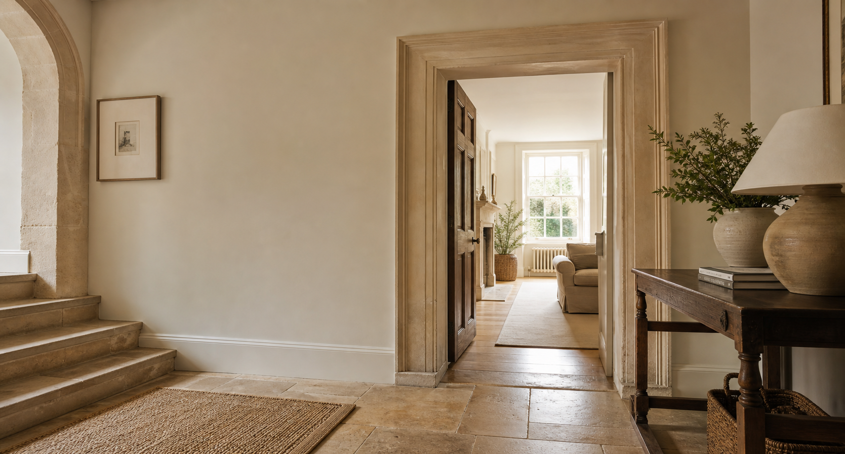 A warm stone hallway leading into a light-filled UK home.