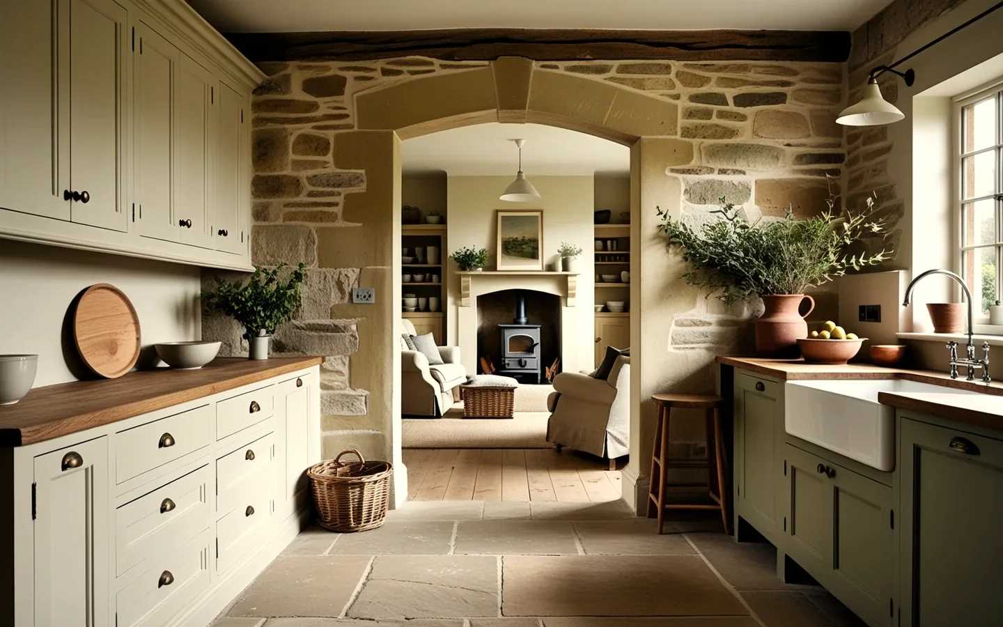 A characterful country-house kitchen opening into an adjoining living room.