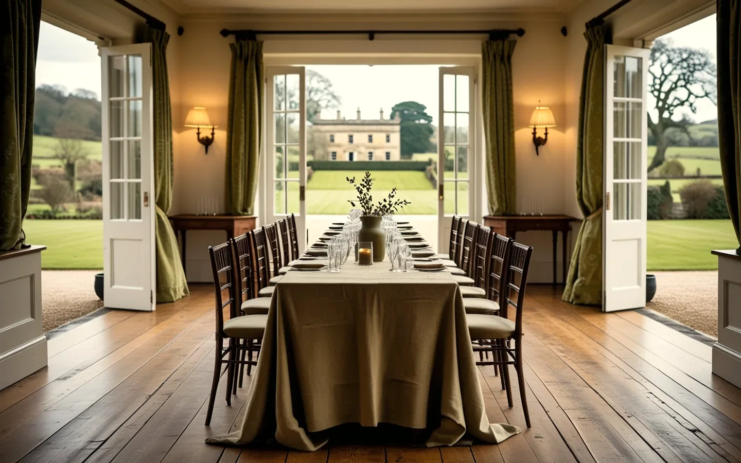 An elegant country-house dining room opening onto landscaped grounds.