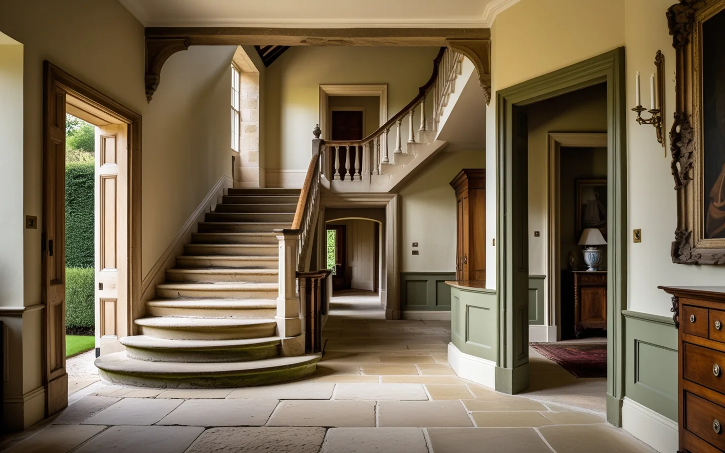 A warm Georgian staircase hall with multiple levels and open doorways into adjoining rooms.