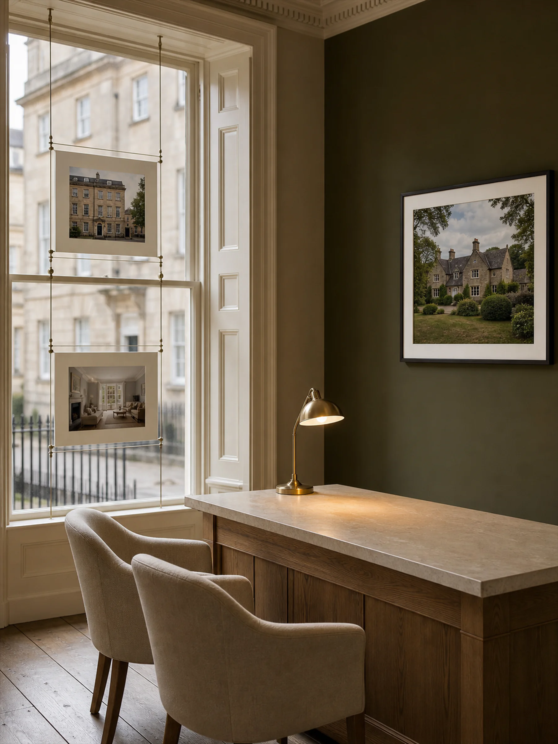 A premium estate agency branch with a stone-topped desk, armchairs and framed property photography